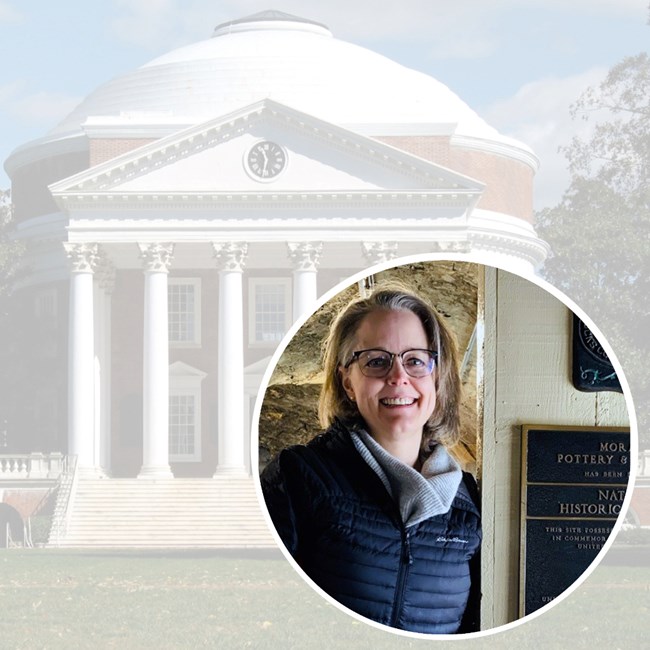 Kathryn and the Circular inset of smiling white woman sits on photo of classical white and brick rotunda building with ornate columns.