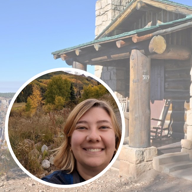 Poppie and the Grand Canyon Lodge NHL Circular inset of smiling blonde woman taking selfie in autumnal landscape sits on top of photo of rustic log cabin