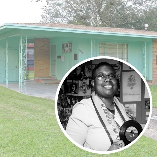 Zee and the Medgar and Myrlie Evers home in Mississippi Circular inset of black and white portrait of Black woman with short cropped hair, overlayed on photo of turquois one-story home with car port on left and long horizontal windows on front façade