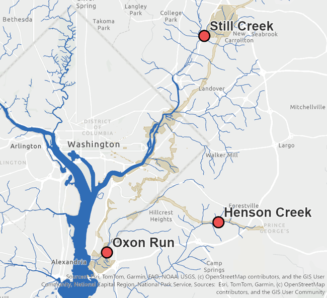 Map showing location of biological stream survey sites and rivers and streams at National Capital Parks East.