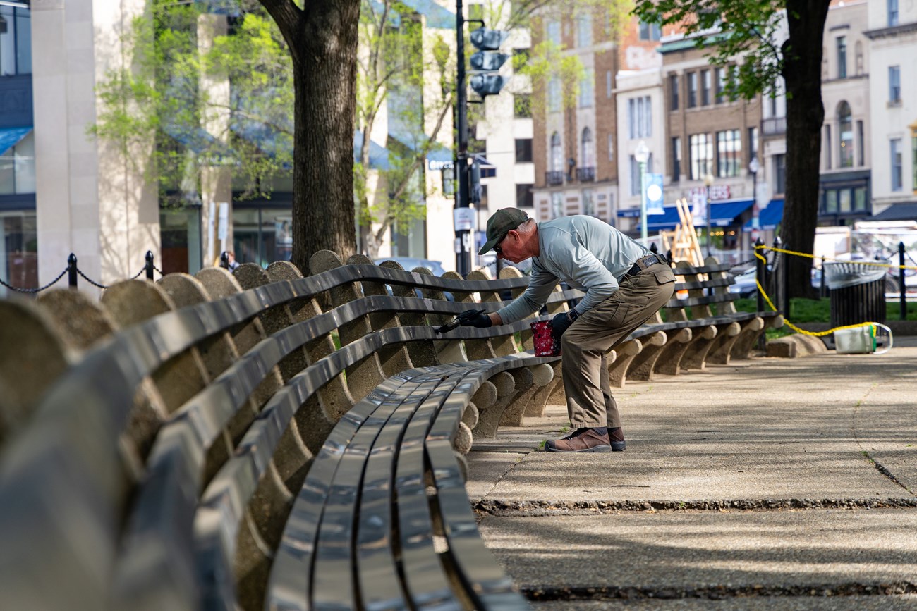 NPS tradespeople restore Dupont Circle benches with the hands-on skill that keeps public spaces safe, beautiful and ready for visitors.