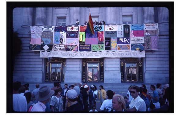 The NAMES Project AIDS Memorial Quilt panels displayed at San Francisco City Hall during San Francisco Lesbian and Gay Freedom Day Parade.