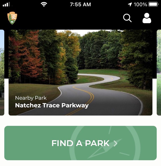 Screen shot of the front page of Natchez Trace Parkway app