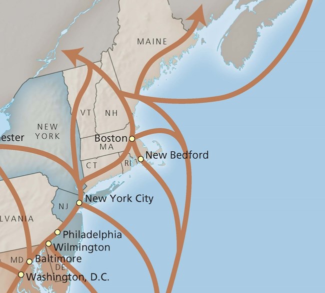 A map of the Underground Railroad connecting New Bedford to other major cities