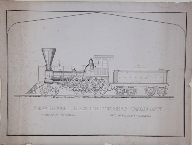 Black and white drawing of a steam powered train engine with the words"NewCastle Manufaturing Company" underneath.