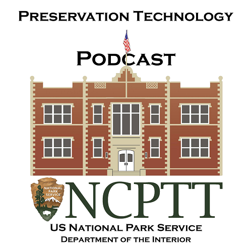 NCPTT podcast a graphic of a red brick building with the title: Preservation Technology Podcast - NCPTT