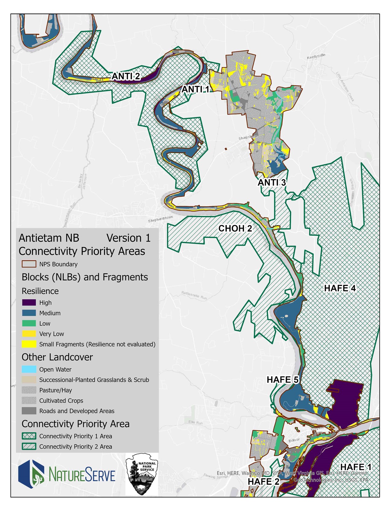 A map of natural areas connected to Antietam National Battlefield