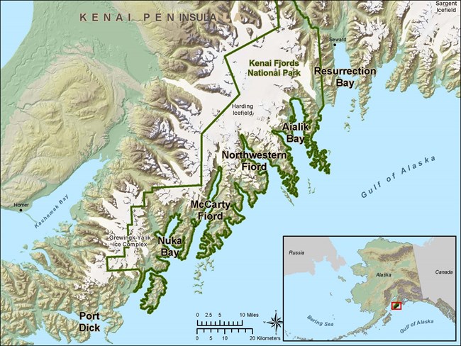 A map showing the boundaries of Kenai Fjords National Park and the three fjords that are part of the NERD study