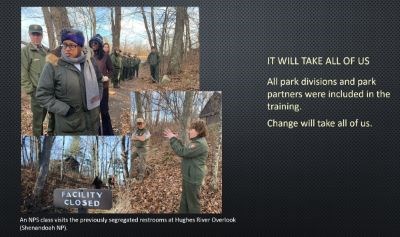 A slide with three images of park rangers in a wooded area and text that reads, "It will take all of us. All park divisions and park partners were included in the training. Change will take all of us."