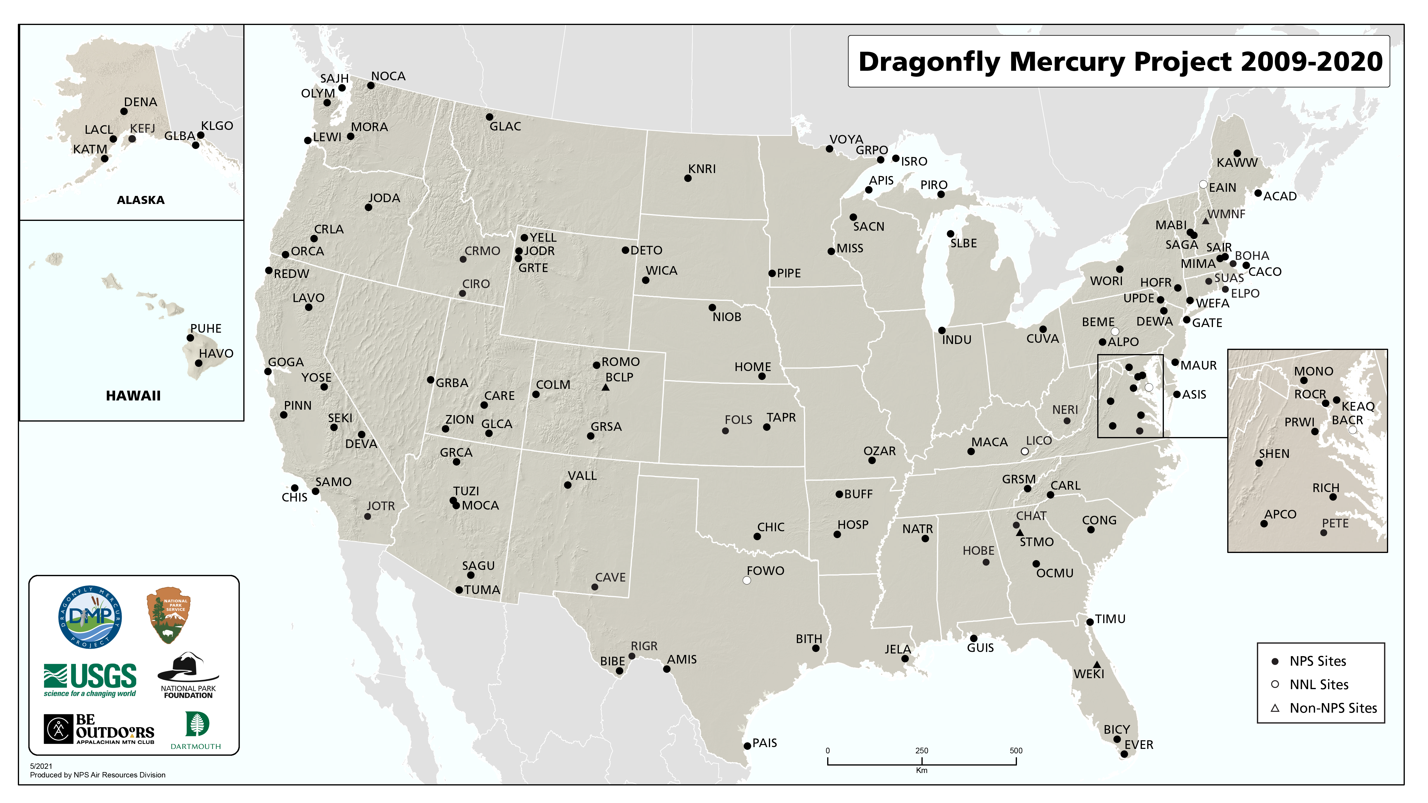 Figure 1. Map of over 100 National Park Service units that have contributed to the Dragonfly Mercury Project from 2009-2020. Map of the United States showing National Park Service units that have participated in the Dragonfly Mercury Project.