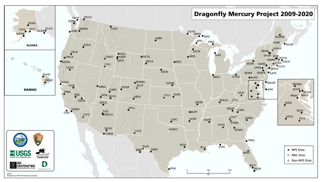 Figure 1. Map of over 100 National Park Service units that have contributed to the Dragonfly Mercury Project from 2009-2020. Map of the United States showing National Park Service units that have participated in the Dragonfly Mercury Project.