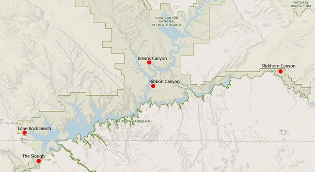 Map of Glen Canyon National Recreation Area with dots to show the five Dragonfly Mercury Project sampling sites.