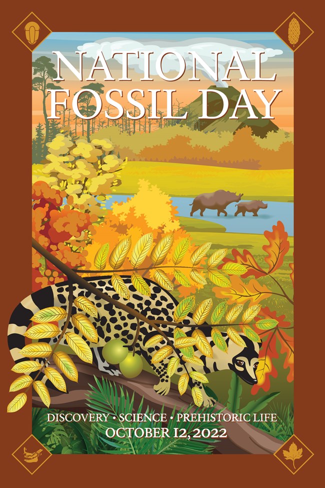 National Fossil Day poster with brown border and scene of prehistoric forest plants and aanimals. Text includes, National Fossil Day, Discovery, Science, Prehistoric Life, and October 12, 2022.