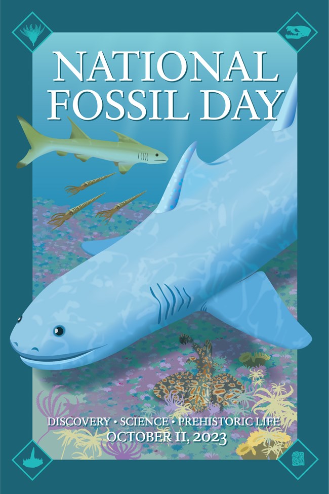 National Fossil Day artwork featuring an underwater scene of a paleo-ocean with sharks, squid, ray, and corals