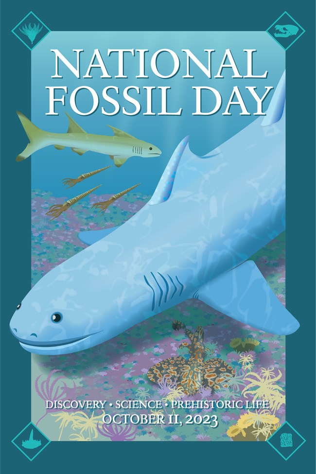 2023 National Fossil Day Artwork National Fossil Day artwork featuring an underwater scene of a paleo-ocean with sharks, squid, ray, and corals