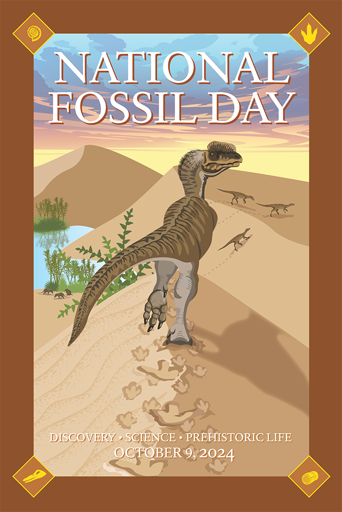 National Fossil Day 2024 the National Fossil Day 2024 artwork with a predatory dinosaur following a group of three other dinosaurs over sand dunes leaving footprints in their wake.