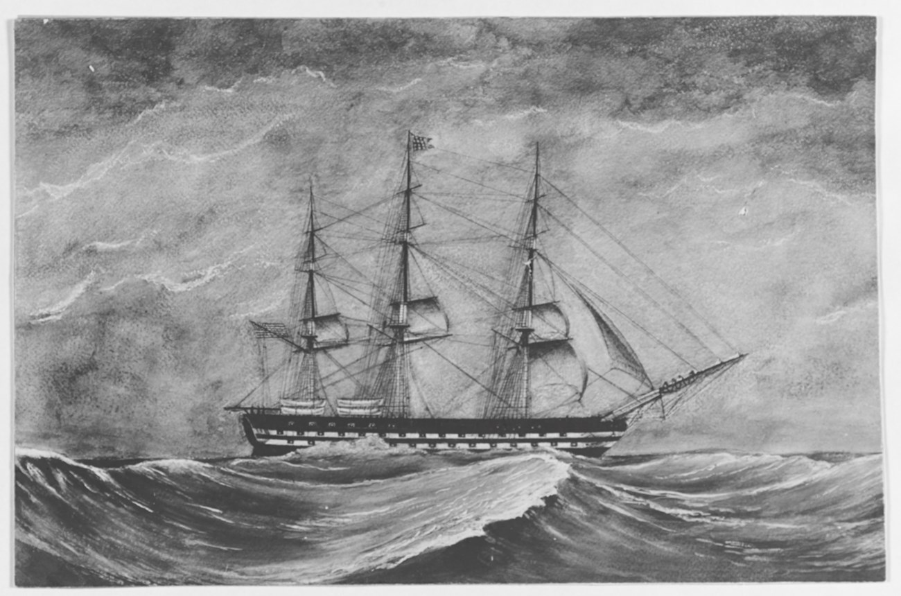 Sketch of the USS INDEPENDENCE lengthwise, in a storm. large waves are in the foreground and the ship is set against a stormy sky.