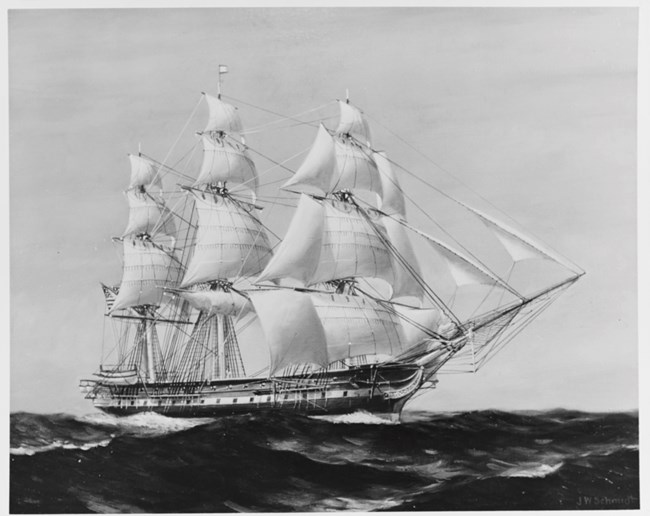 Painting of the USS INDEPENDENCE after being refitted as a frigate. Sails are unfurled and the ship is sailing through choppy water.