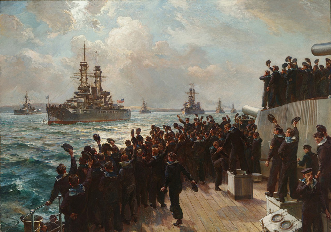 Painting of sailors cheering from the deck of a ship as destroyers sail by them.