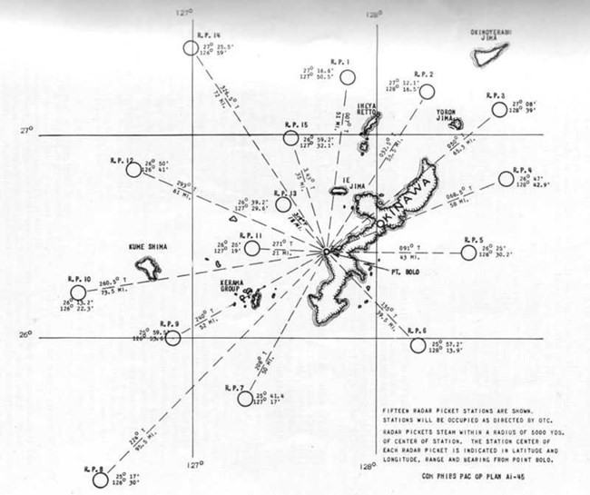 A map showing the elongated island of Okinawa with 15 picket stations identified radially around the island