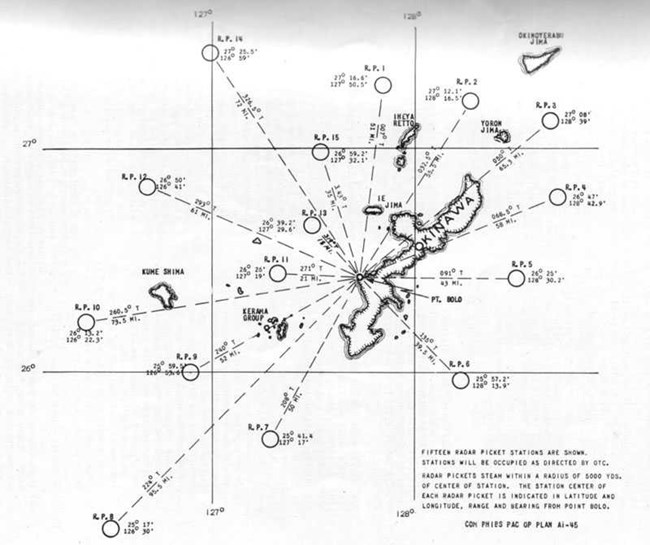 NHHC Okinawa pickets map A map showing the elongated island of Okinawa with 15 picket stations identified radially around the island