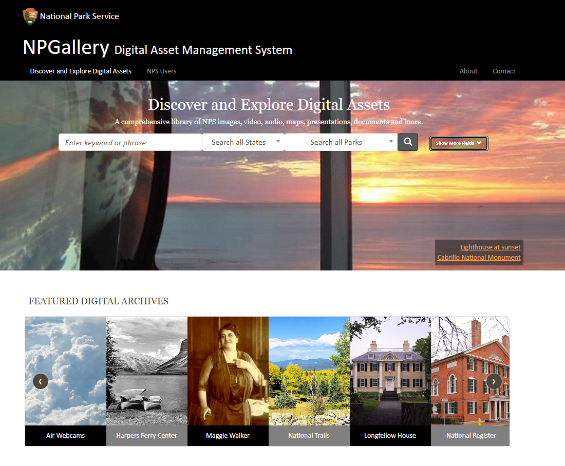 Screencapture of NPGallery home page with search bar over photograph of sunset