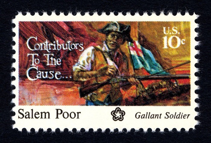 Stamp with drawing of Salem Poor, a militiaman of African descent.