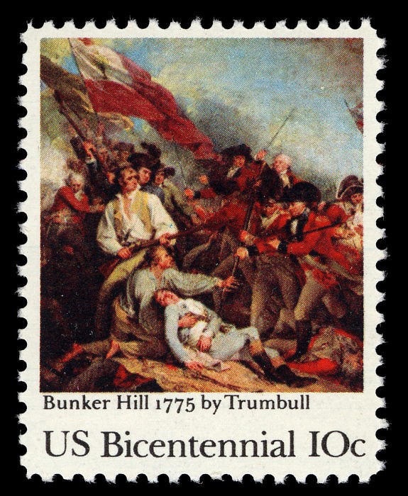 Stamp of Trumbull painting of the Battle of Bunker Hill.