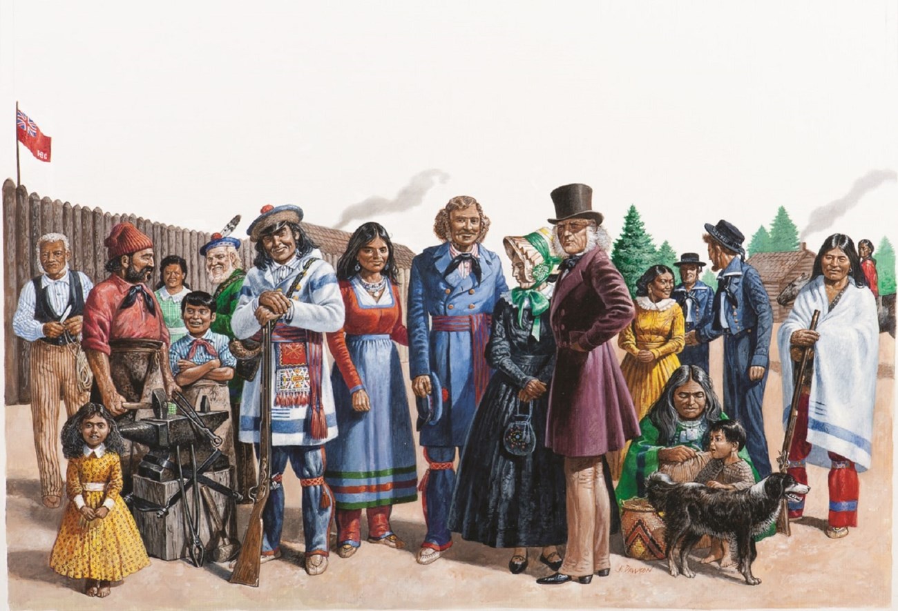 People of Fort Vancouver, c1830-1840s. Mélange of eighteen people of various professions representing Englishmen, Scotsmen, Irishmen, French-Canadians, Americans, Native Indians from a number of tribes, Hawaiians, and people of mixed ancestry.