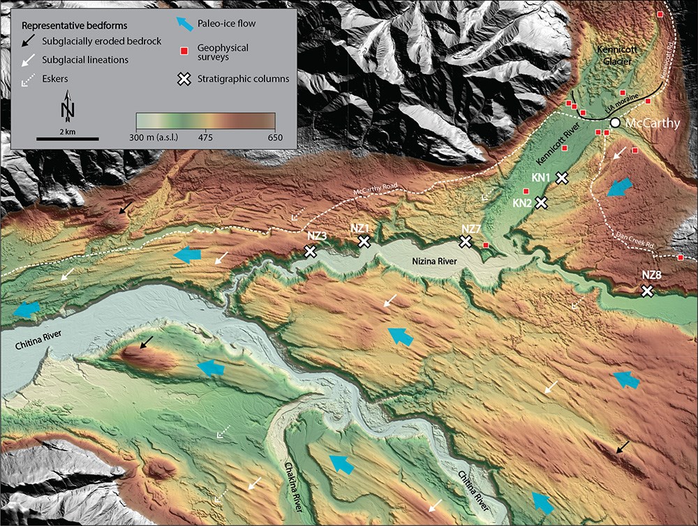 A map showing the topography of the Chitina River valley in relation to the terminus of Kennicott Glacier.