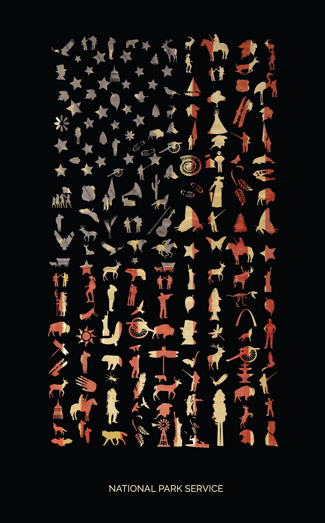 American flag constructed of images related to the National Park Service on a black background