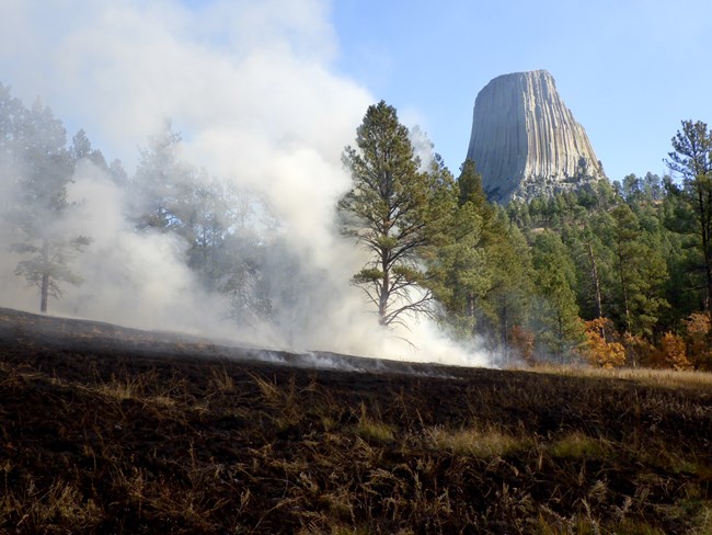 A large rock formation in the background and smoke rising off the ground
