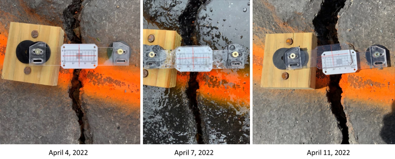 Crack sensor On April 4, 2022, a crack sensor's red crosshairs are level and centered over a grid mounted to the other side of the crack in a road (left). 3 days later, they are slightly askew (center). By April 11, the crosshairs are off the grid entirely (right).