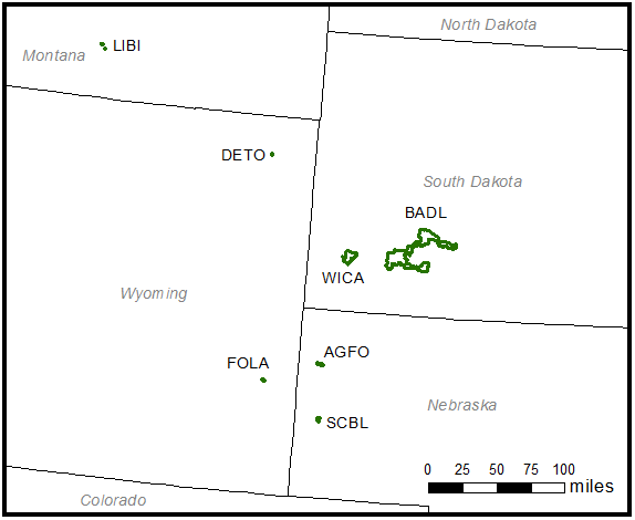 Map showing several National Park Service units in South Dakota, Nebraska, Wyoming, and Montana.