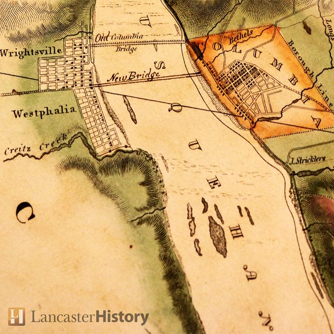 NPS_LH_InstagramPost Color 1824 historic map that shows three towns along a large river in Pennsylvania. The top left town is Wrightsville. The bottom left town is Westphalia. Below Westphalia is Creitz Creek. Across the river is a large town called Columbia on the right.