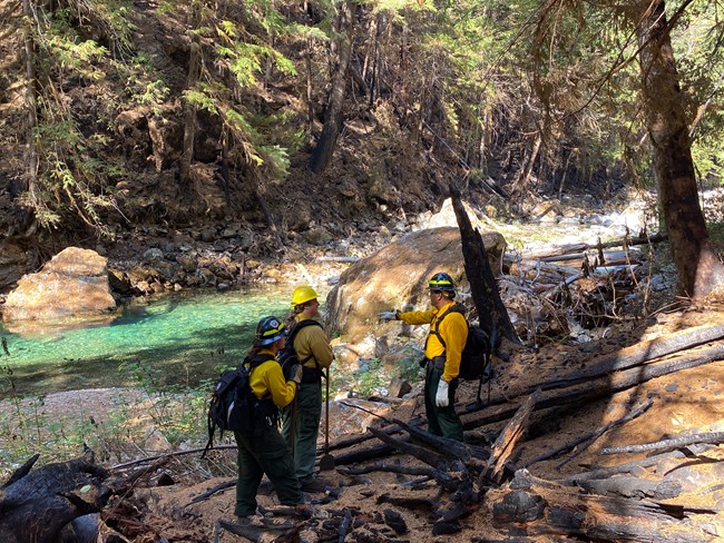 lt= 3 people in yellow shirts and hard hats talk near a stream