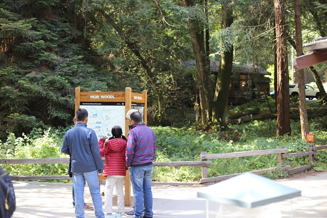 The area after vegetation had been removed. Three people look at a park map while a cabin is visible in the woods in the background.