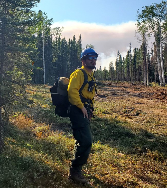 A man wearing wildland firefighter gear stands in a grassy opening of a forested area
