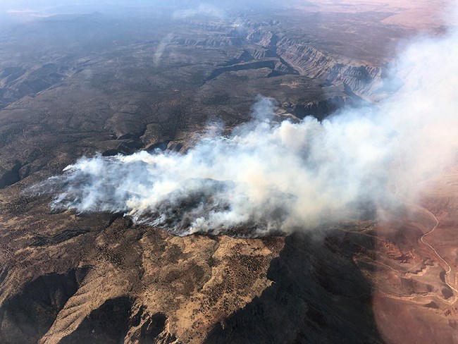 Aerial view of the Andrus Canyon Fire. Aerial view of smoke and desert landscape.