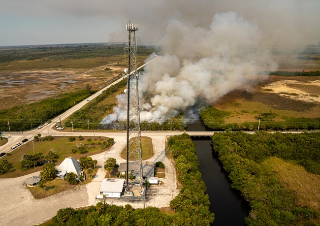 Several buildings sit across a road from a vegetated area with smoke rising from it