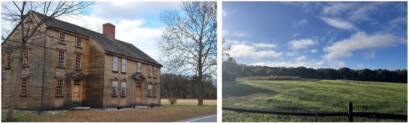 Left: A brown wooden house with a steep roof, a chimney, two front doors, and multiple windows, on a plot of open land with trees. Right: Green farmland with a wooden fence in the foreground and a stand of trees in the background. Left: A 2-story, brown wooden house with trees in the backgr a steep roof, a chimney, two front doors, and multiple windows, on a plot of open land with some leafless trees. Right: Green farmland with a wooden fence in the foreground and bluesky.