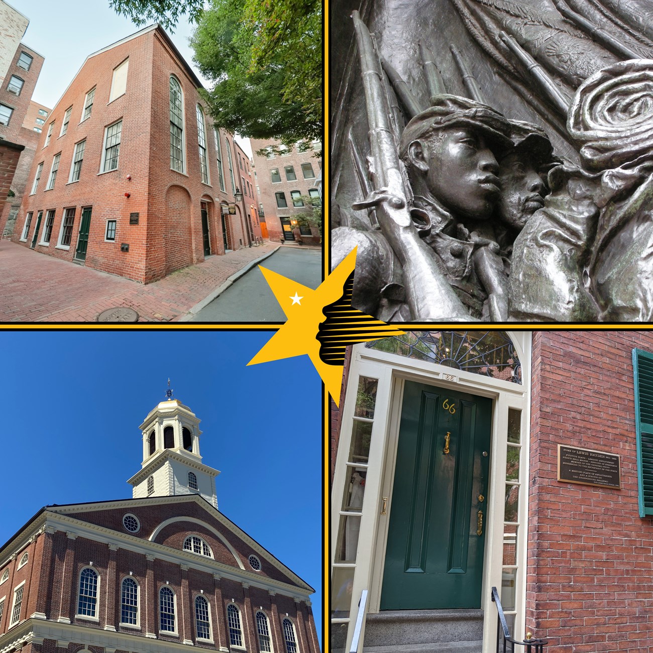 Grid of 4 photos, NTF logo in center. Top left is the African Meeting House, a three-story brick building. Top right is a close-up of the Shaw/54th MA Regiment Memorial. Bottom left is Faneuil Hall with a with a blue sky. Bottom right is the Hayden House