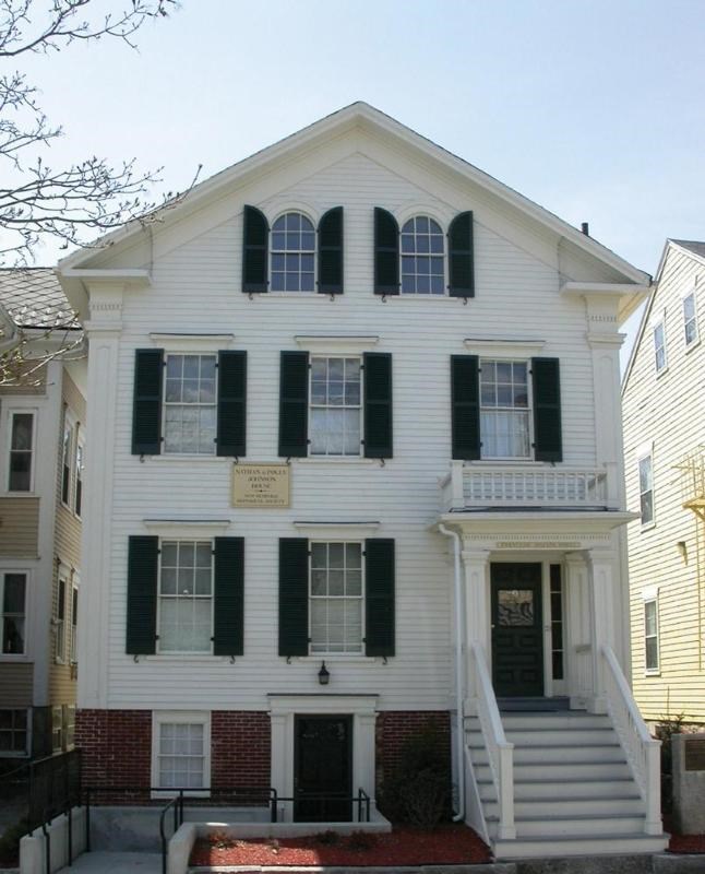 NTF_Nathan and Polly Johnson House_08.13.2020 A three story white house with green shutters has a sign that reads "Nathan and Polly Johnson House - New Bedford Historical Society."