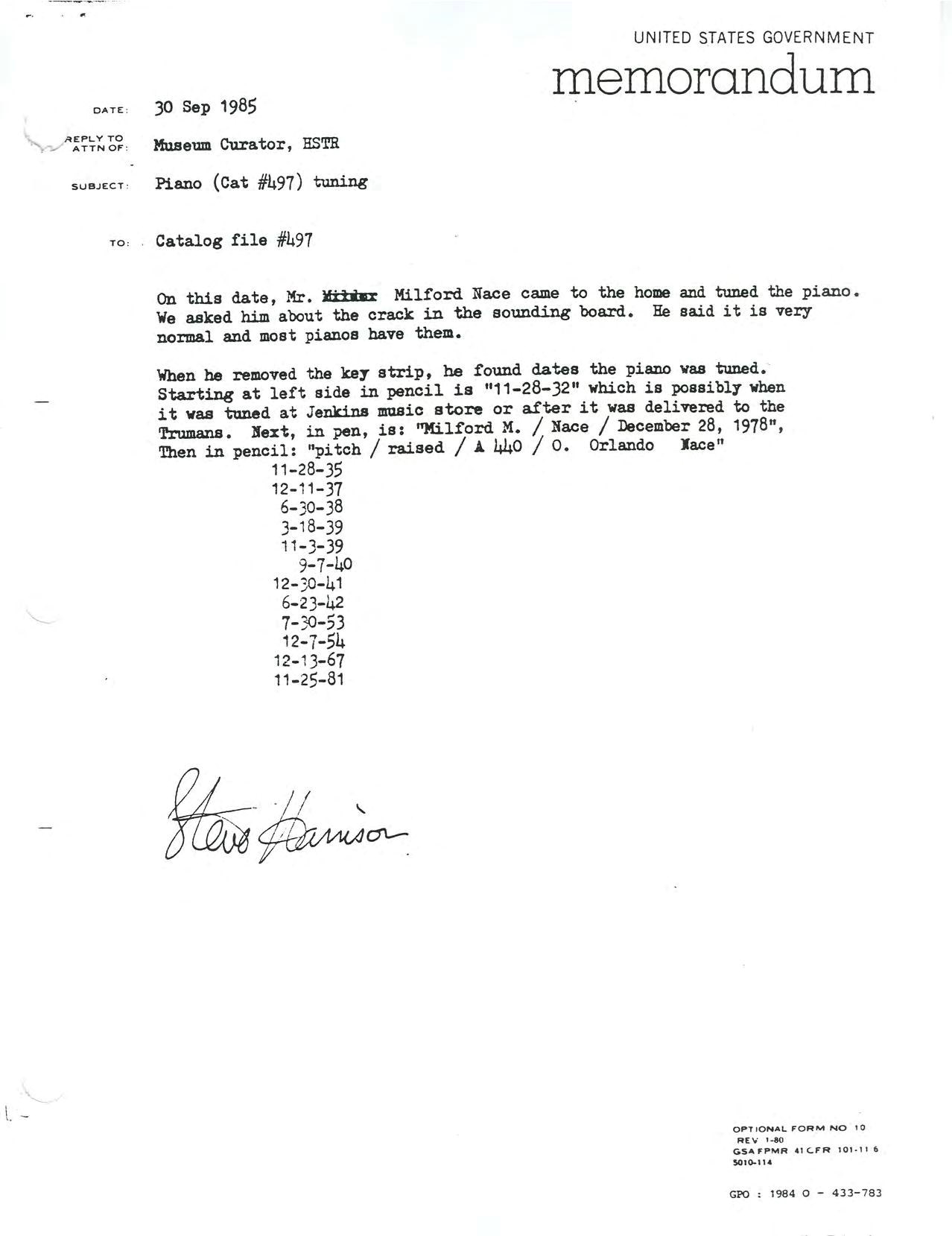 NaceOralHistoryAppendix-page-001 Memorandum, Museum Curator, Harry S Truman National Historic Site, regarding piano, 30 September 1985.
