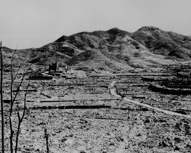 Ground photo of the destruction in Nagasaki, very few structures standing
