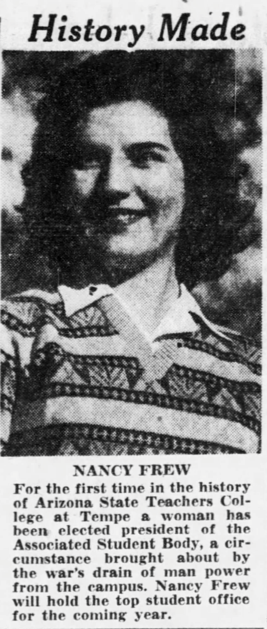 Black and white scan of a newspaper article from 1943 about the first woman president of the Arizona State Teachers College.