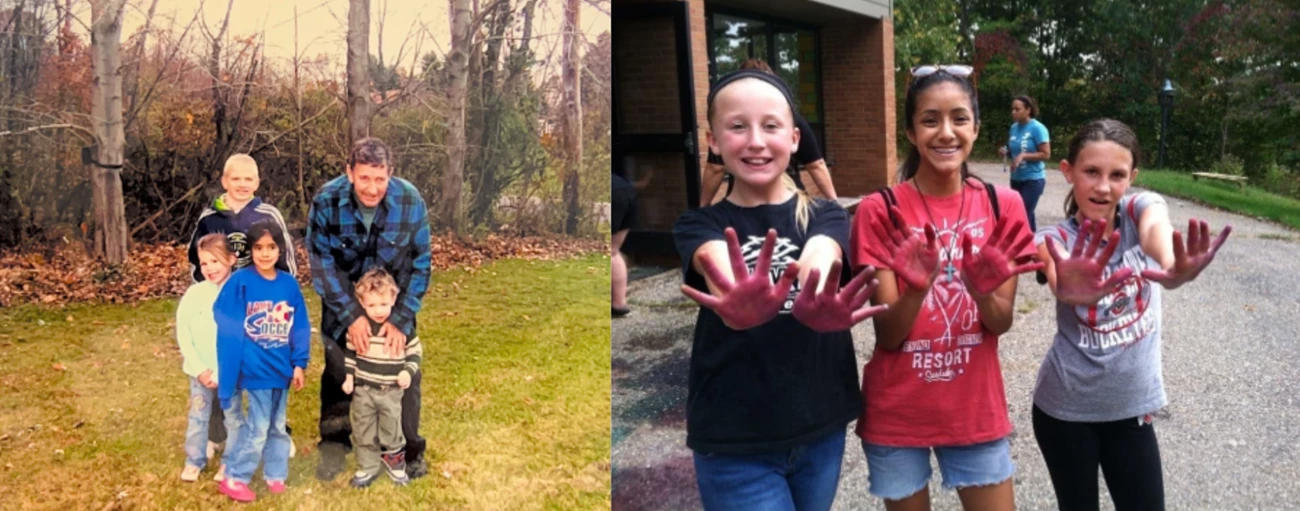 Photo collage of two photos. On the left young Natalie is pictured with three other children posing around an adult man. In the photo on the right, young Natalie and two girls display their hands that are painted red to the camera.