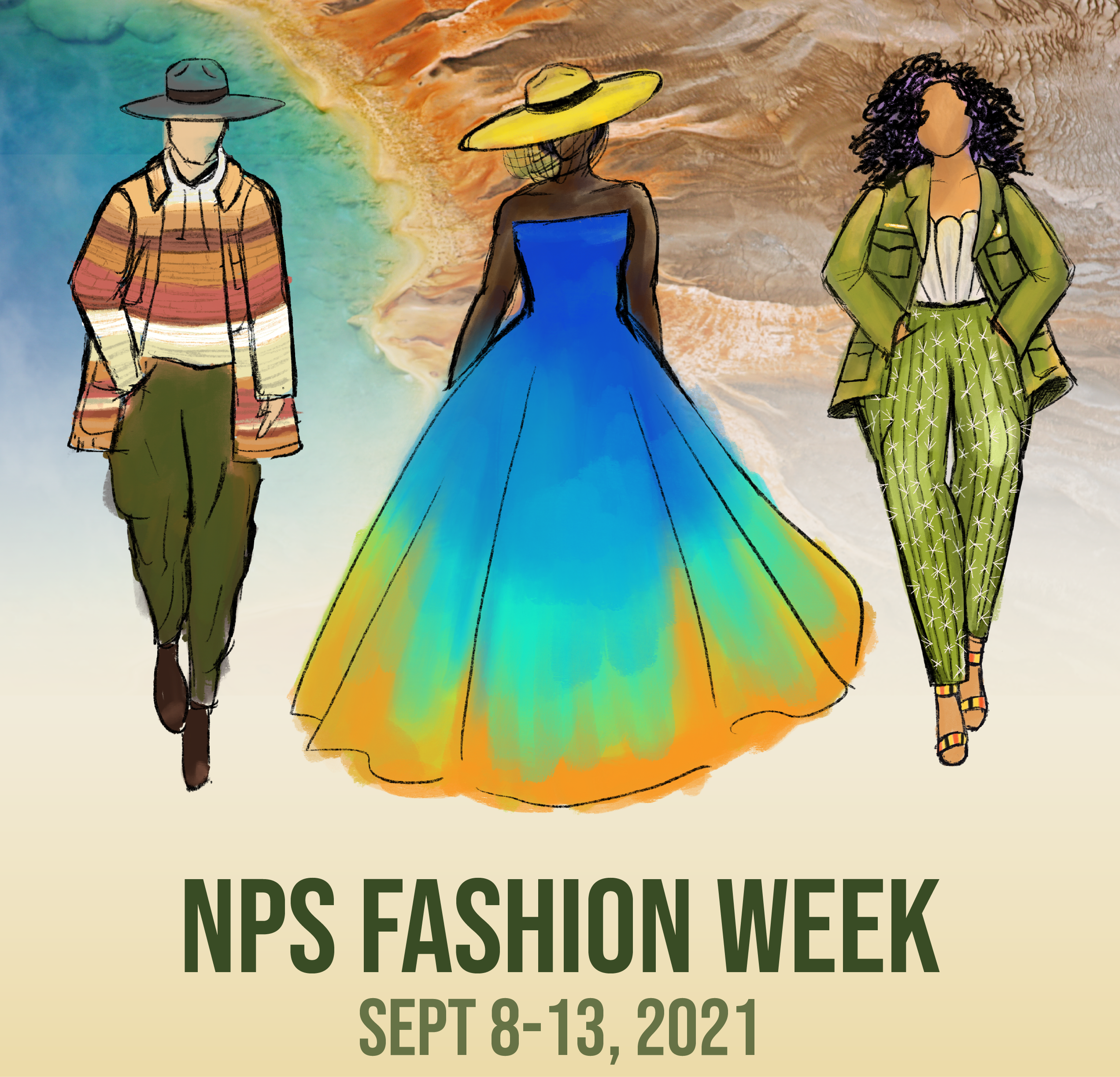 National Park Service Fashion Week Illustration Fashion illustration announcing NPS Fashion Week from September 8-13 2021.