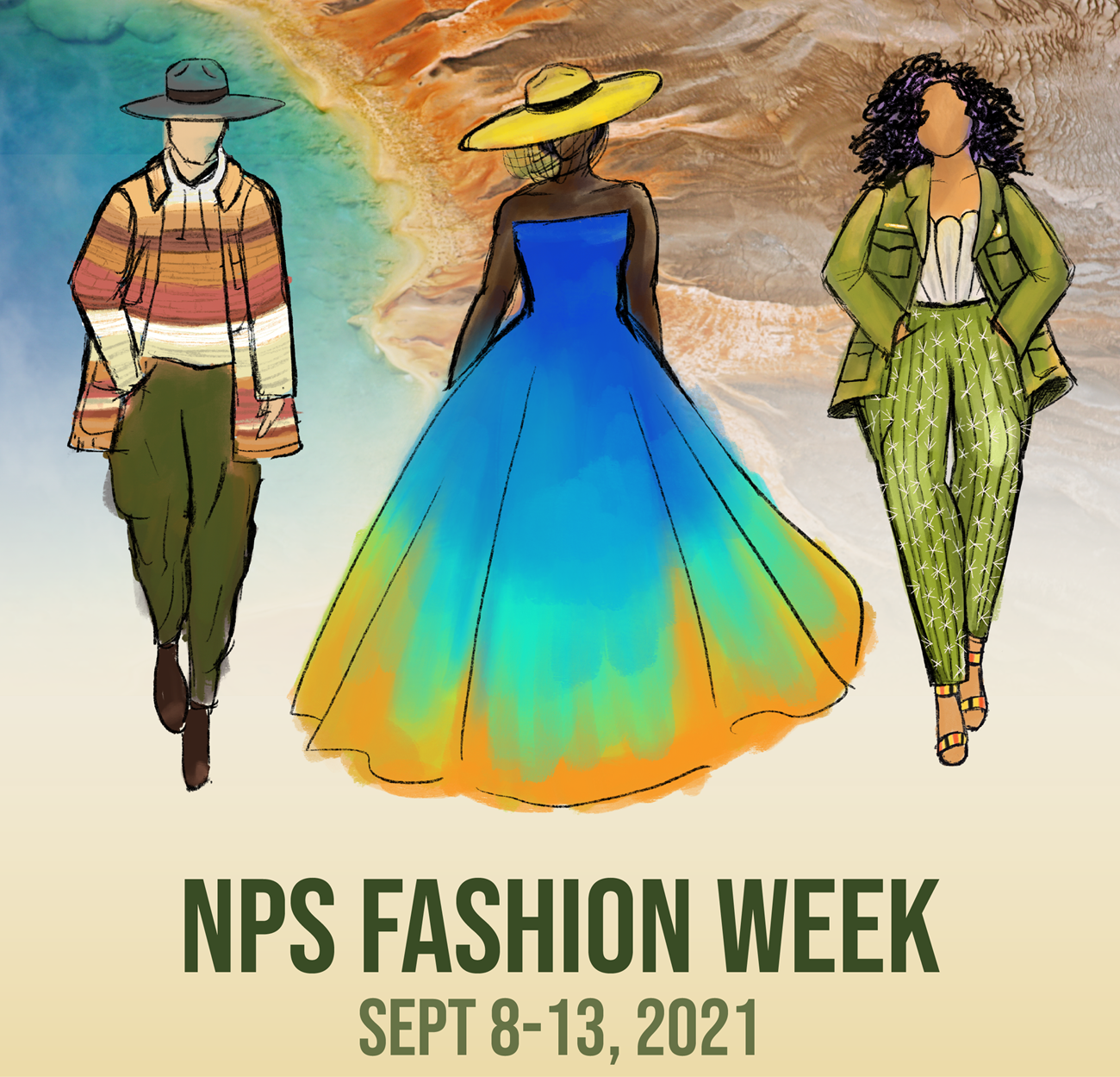 National Park Service Fashion Week Illustration Fashion illustration announcing NPS Fashion Week from September 8-13 2021.