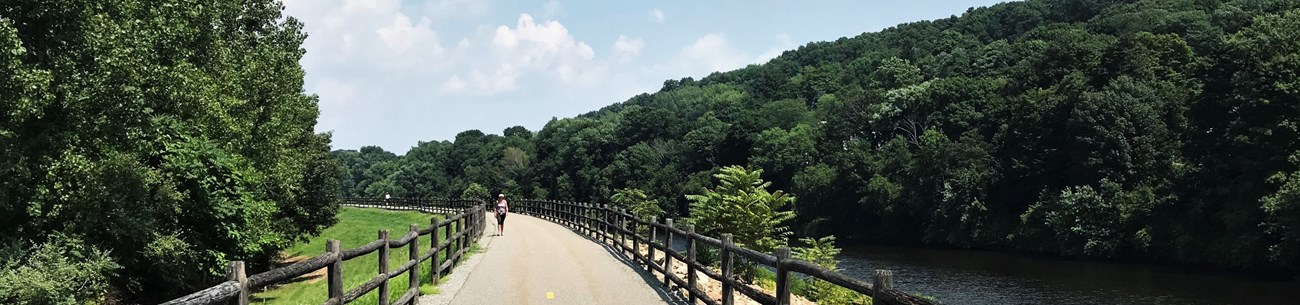 Naugatuck River Greenway A woman walks down a paved trail with trees on either side and log fences.
